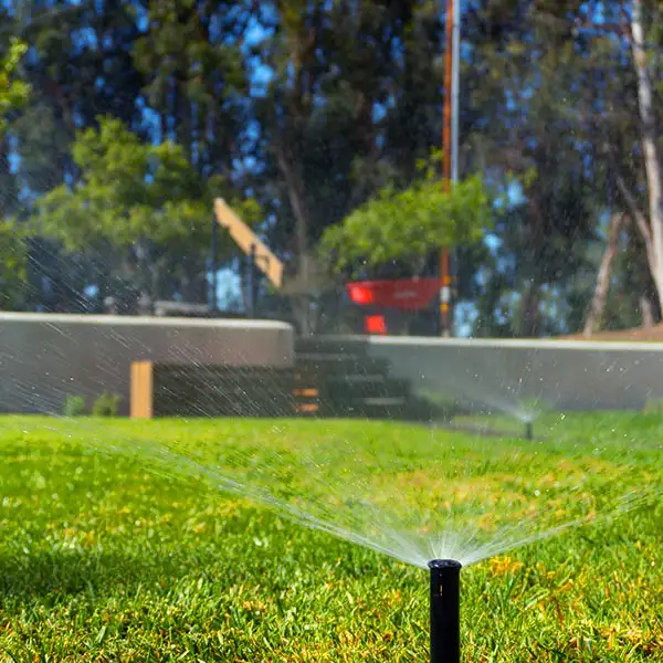 Green lawn with water sprinkler going